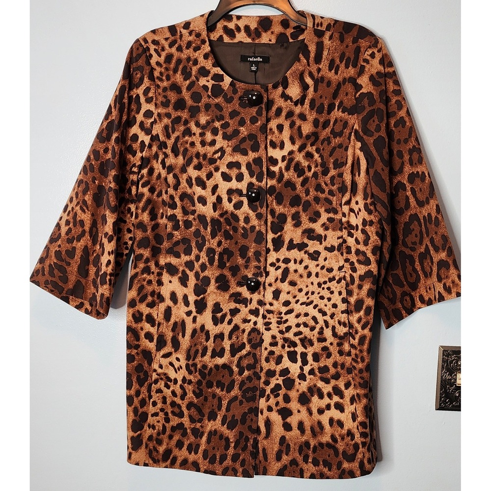 Rafaella Leopard Print Skirt Suit Set Womens L 14P Brown Excellent 3/4 Sleeve